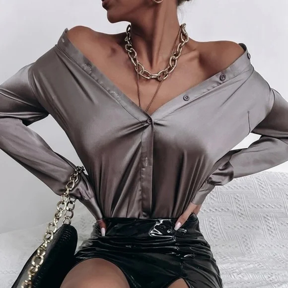 Satin silky button up down shirt sexy business professional casual holiday - Picture 6 of 15